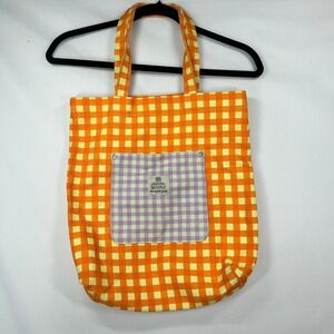 BDG Urban Outfitters Gingham Check Canvas Tote Bag  Orange & Purple Patch Pocket